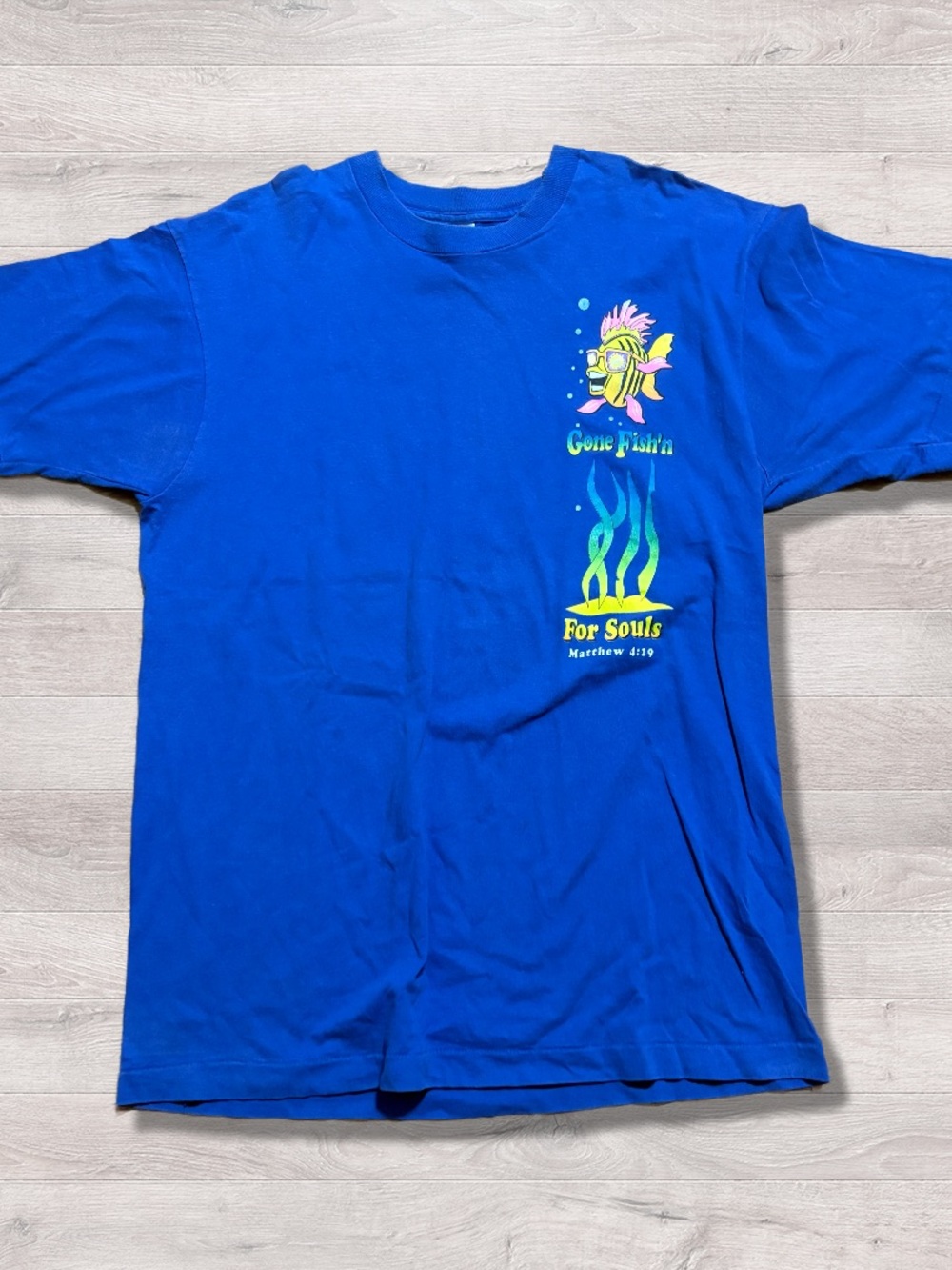 VTG Gone Fish'n For Souls Christian Bold Graphic Religious T-Shirt Size XL